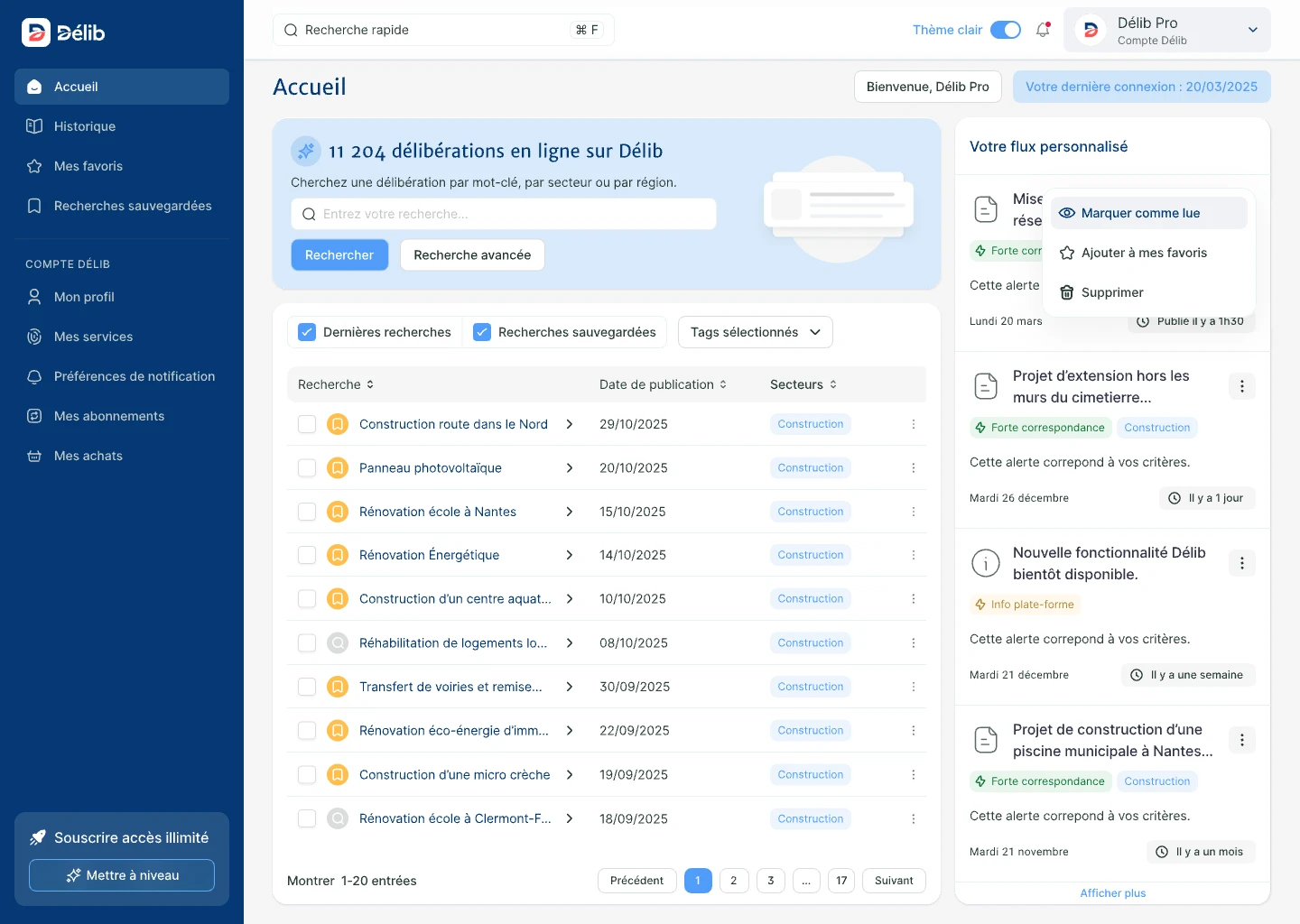Capture de l’application Délib : liste de délibérations détectées et flux d’alertes personnalisé