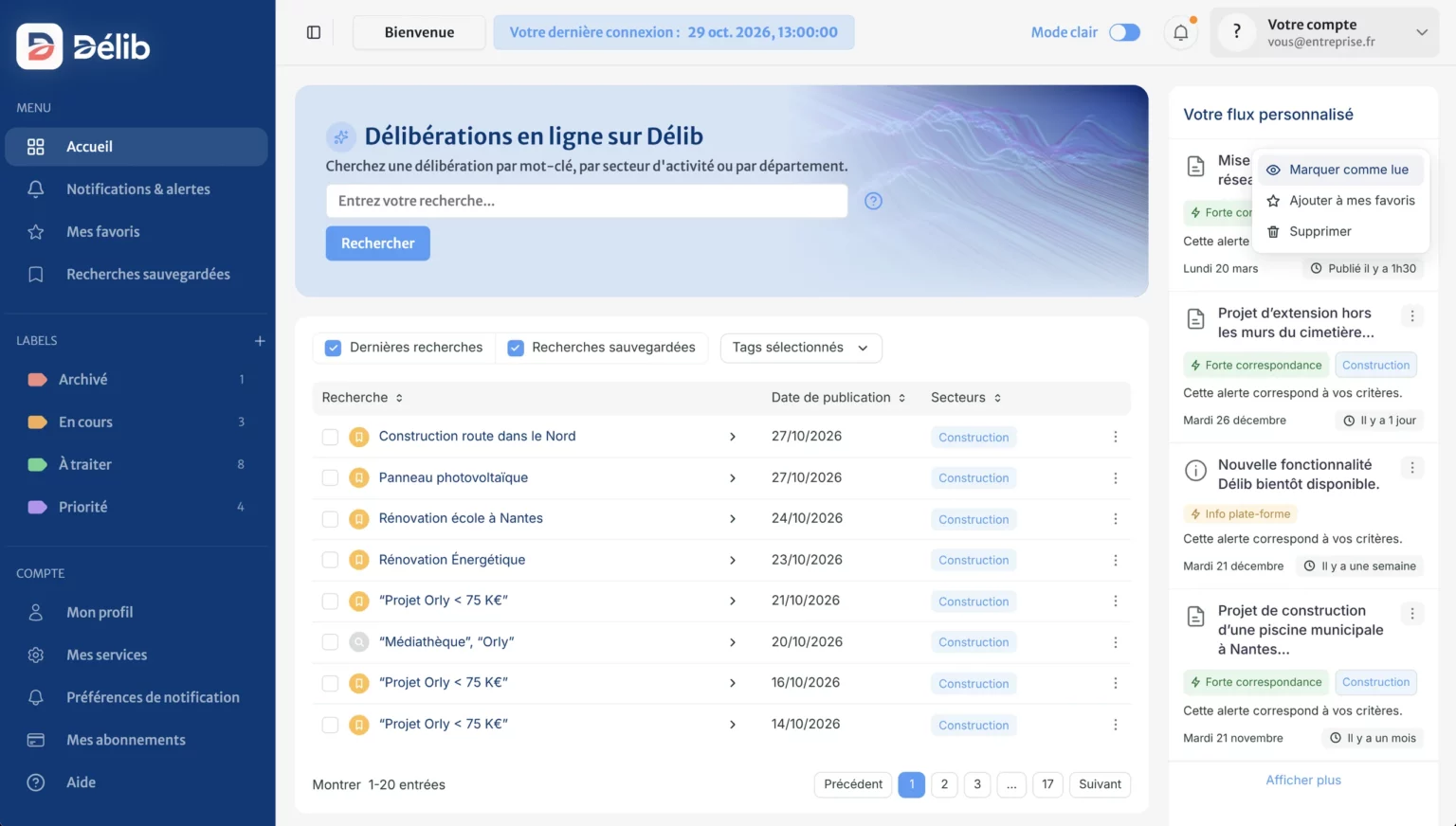 Capture de l’application Délib : recherche de délibérations, recherches sauvegardées et flux d’alertes personnalisé